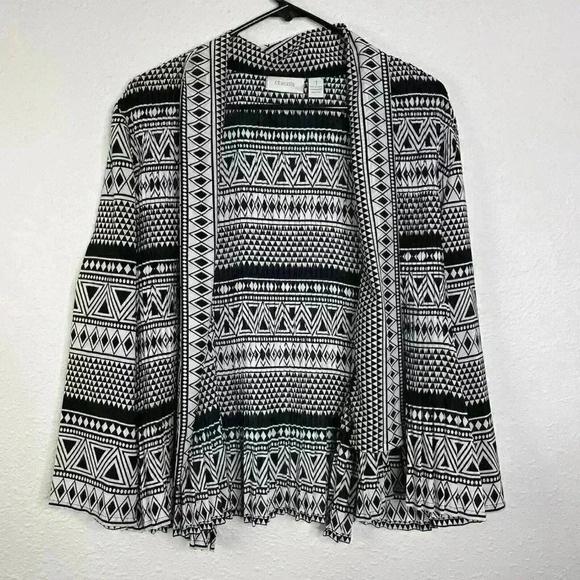 Chicos Women’s Pleated Cardigan Geometric Light Weight Black White Size 1 - Picture 1 of 9